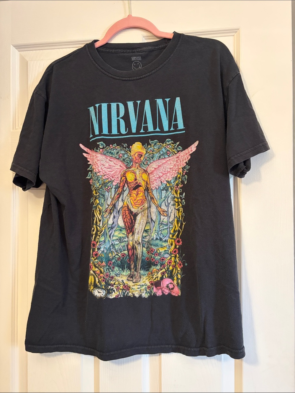 NIRVANA Black Tee with Turquoise Logo & Pink Wings
